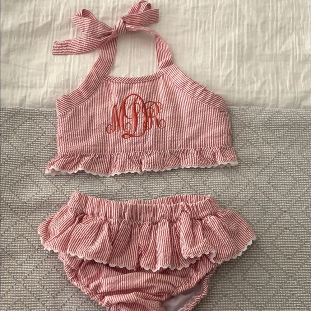 Red seersucker monogrammed swimsuit size 5